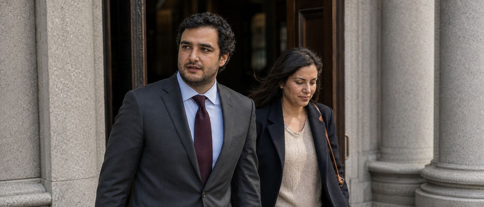 Alexander Susi leaving a courthouse doorway with a client