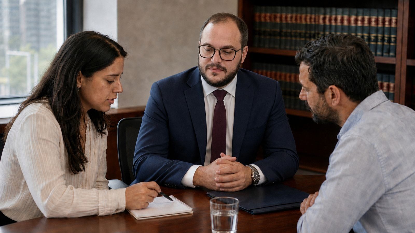 Three people at a table reviewing a document, one of them signing it