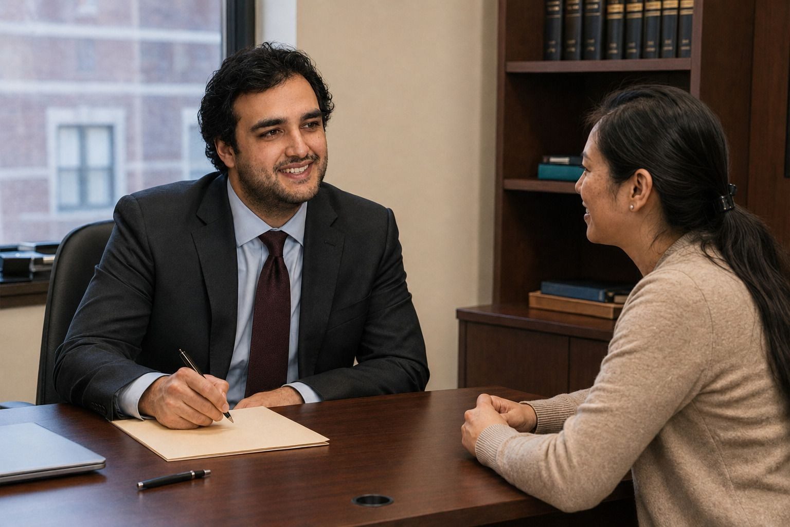 Alexander Susi taking notes across a desk from a client