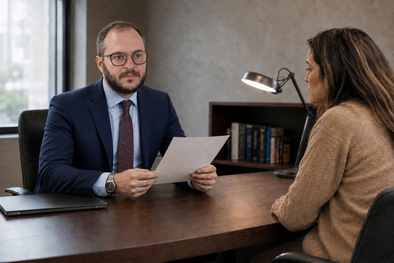 Mikhail Usher holding a document across a desk from a client