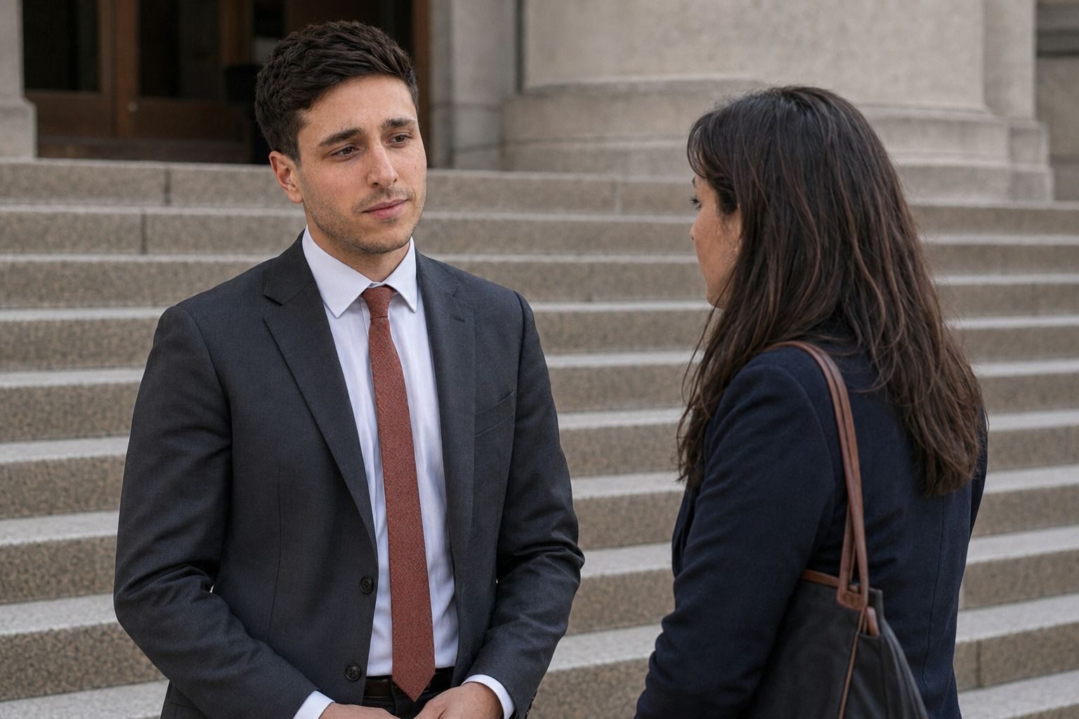 Mitchell Bromberg talking with a client on the steps of a courthouse