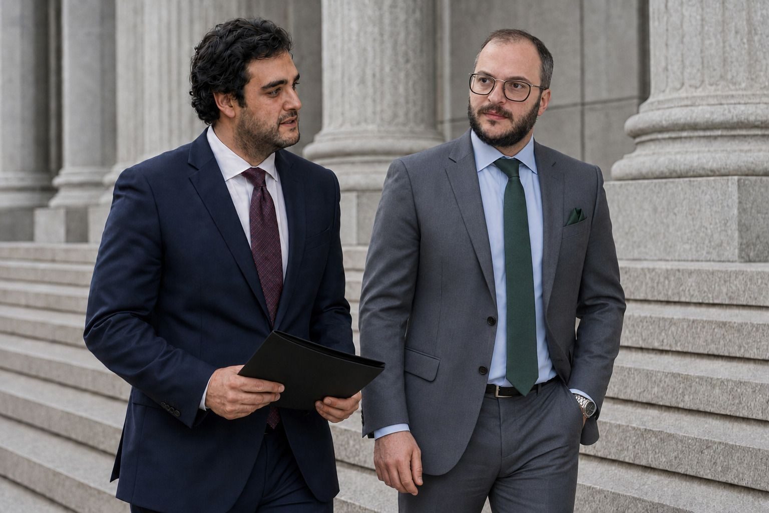 Alexander Susi and Mikhail Usher talking outside a courthouse