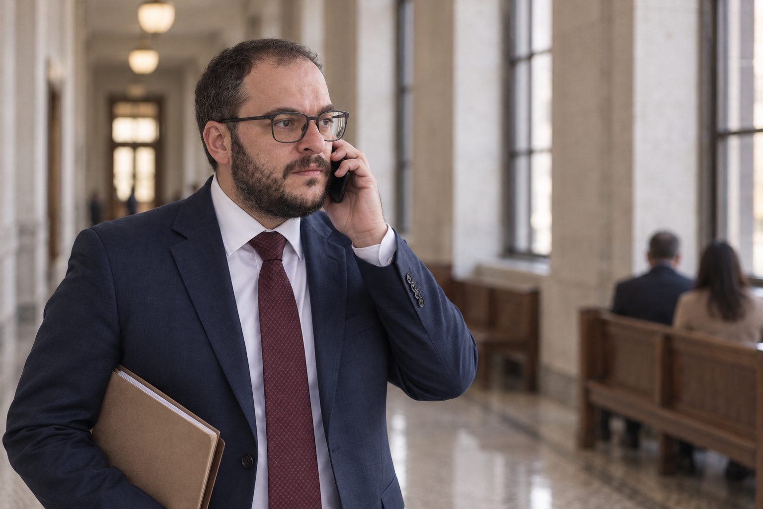 Mikhail Usher on the phone in a courthouse hallway, holding a file