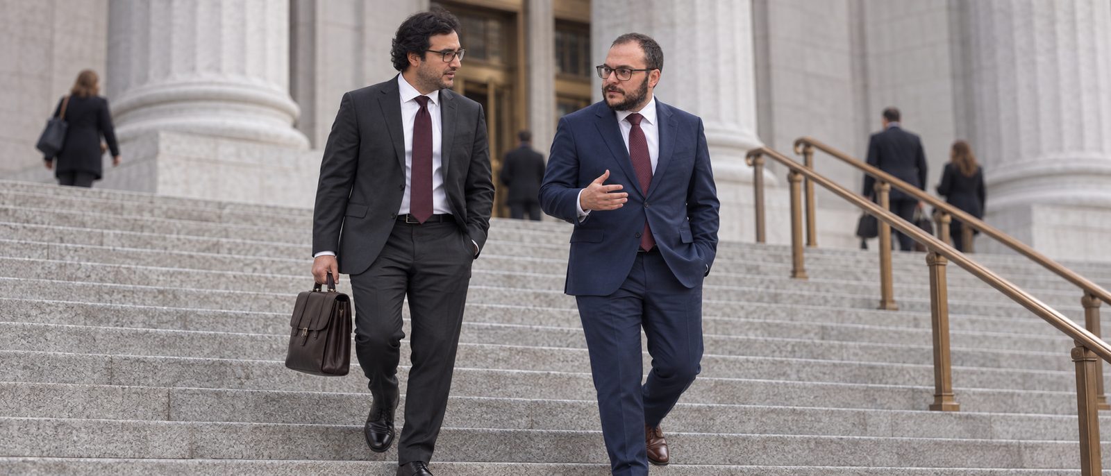 Mikhail Usher and Alexander Susi walking down courthouse steps together