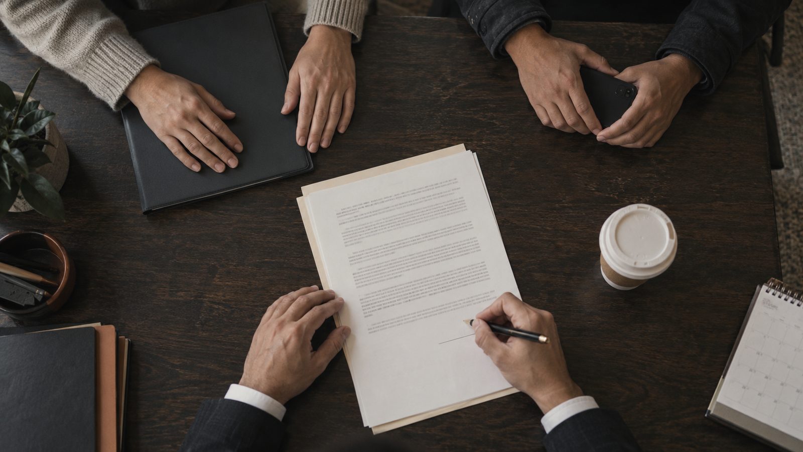 Mikhail Usher at a conference table with two clients while one takes notes