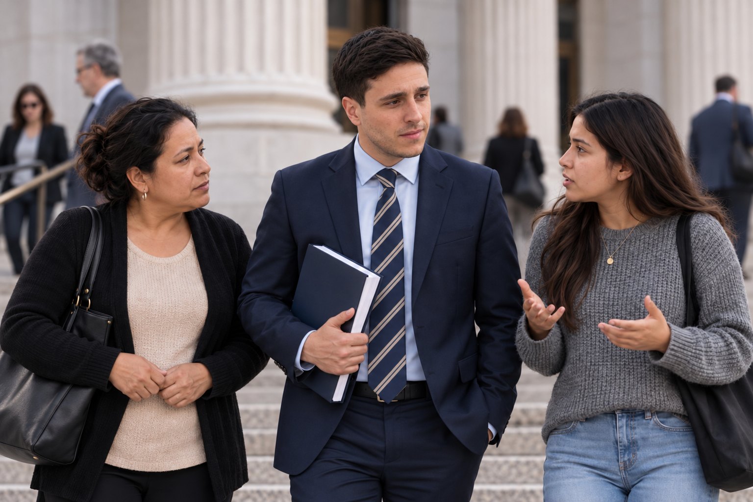 Mitchell Bromberg walking with two clients outside a courthouse