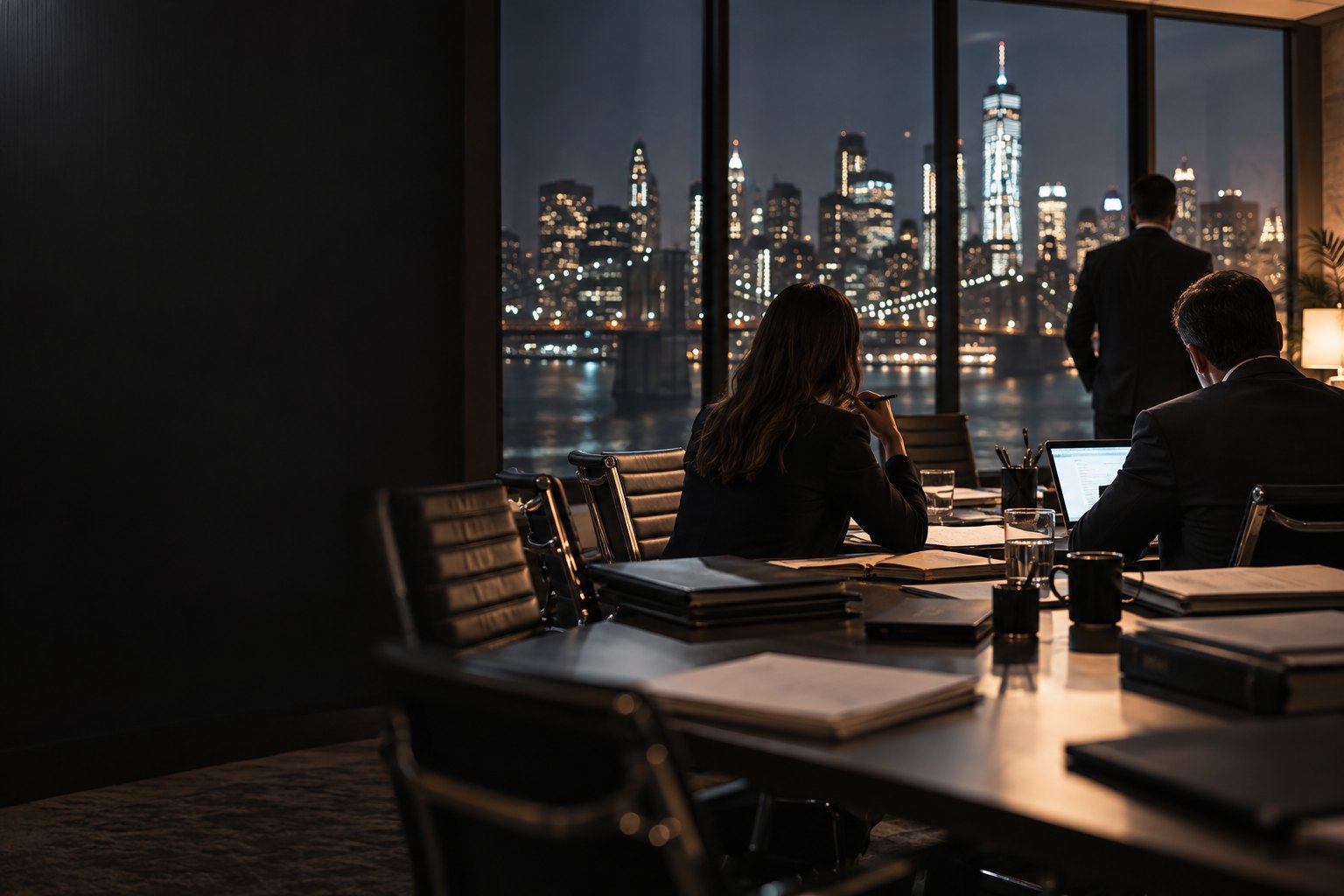 People working at screens in an office at night, the city behind them